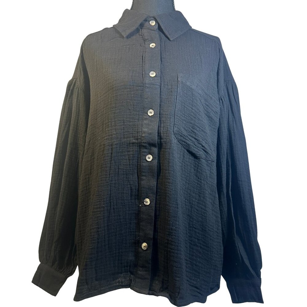 NWT Entro Black Lightweight Gauze Button Front Blouse Size L Relaxed Chic